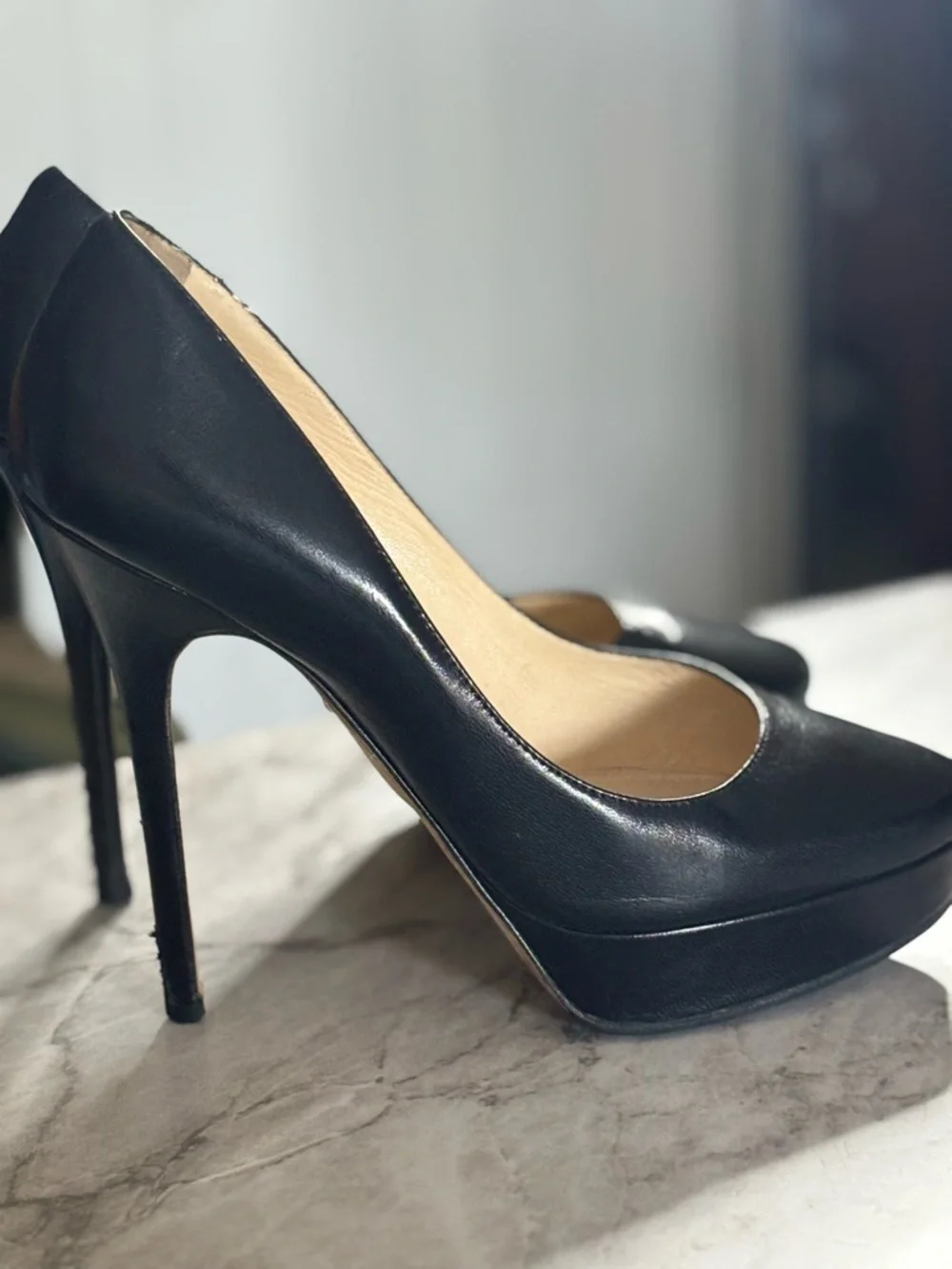 JIMMY CHOO Black Leather 5” Stiletto Platform Pumps Round Toe Size 37.5